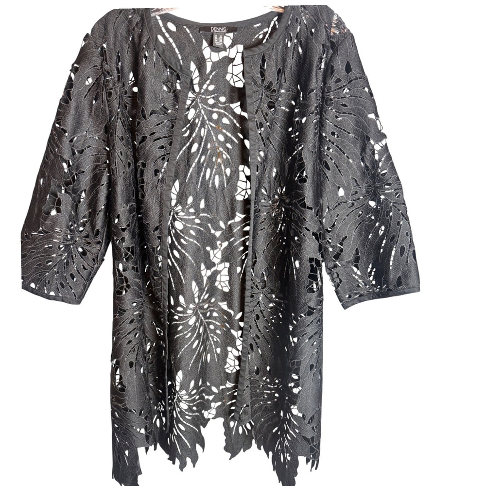 Dennis Basso Cardigan Womens SP Black Polyester Laser Cut Leaf Kimono A307803